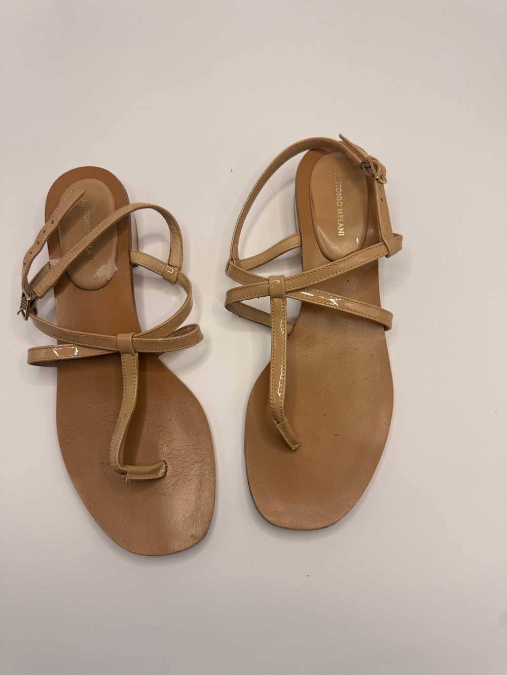 Antonio Melani Nude/Tan Strappy Leather T-Strap Sandals